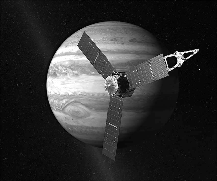 Автоматическая межпланетная станция «Юнона» (Juno) на фоне диска Юпитера