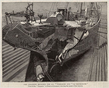 Вид корабля «Тореадор» после столкновения с лайнером «Бургонь»