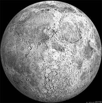 Рис. 4. Такой была видимая нам сторона Луны до эпохи интенсивного вулканизма (3,8–3,1 млрд лет назад), когда огромные массы базальтовых лав затопили крупные впадины, преимущественно на обращённой к Земле стороне, и образовали тёмные области – лунные моря