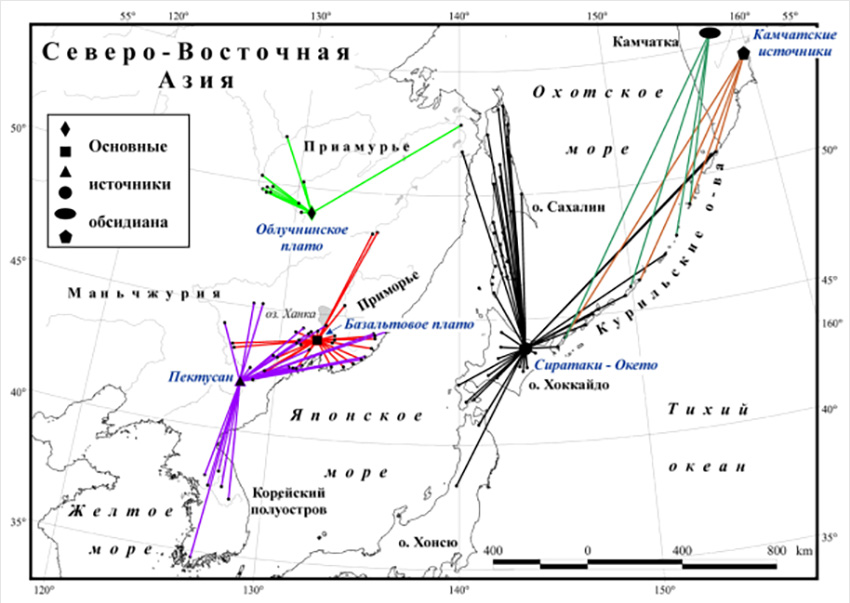 Карта зон обмена обсидианом на Дальнем Востоке