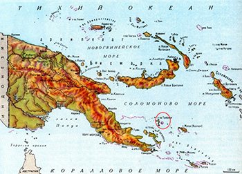 Тихий океан к востоку от Папуа–Новой Гвинеи, кружок – острова Тобриан, где проводил исследования Б. Малиновский