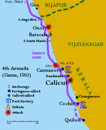 Малабарский берег Индии, маршрут возглавляемой Васко да Гама 4-ой армады Португаии (1502 год). Красными вспышками указаны разгромленные города.