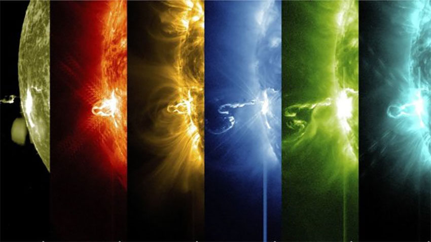 Так выглядит солнечная вспышка при наблюдении в различных линиях спектра